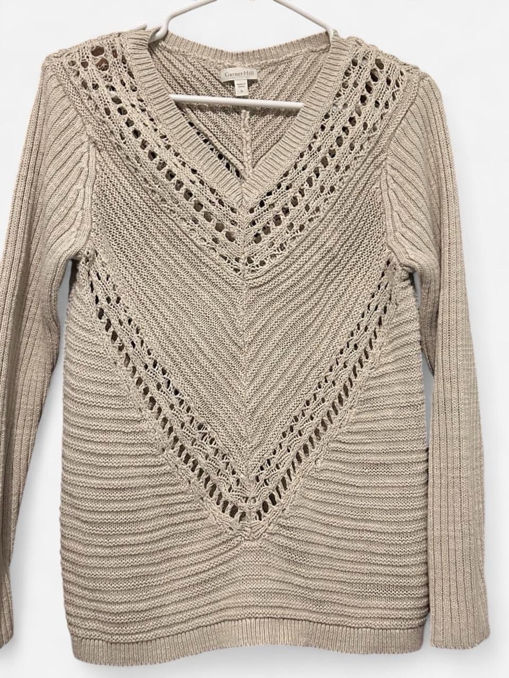 Garnet Hill Cream Linen Cotton Open-Knit Heavy V-Neck Sweater Small